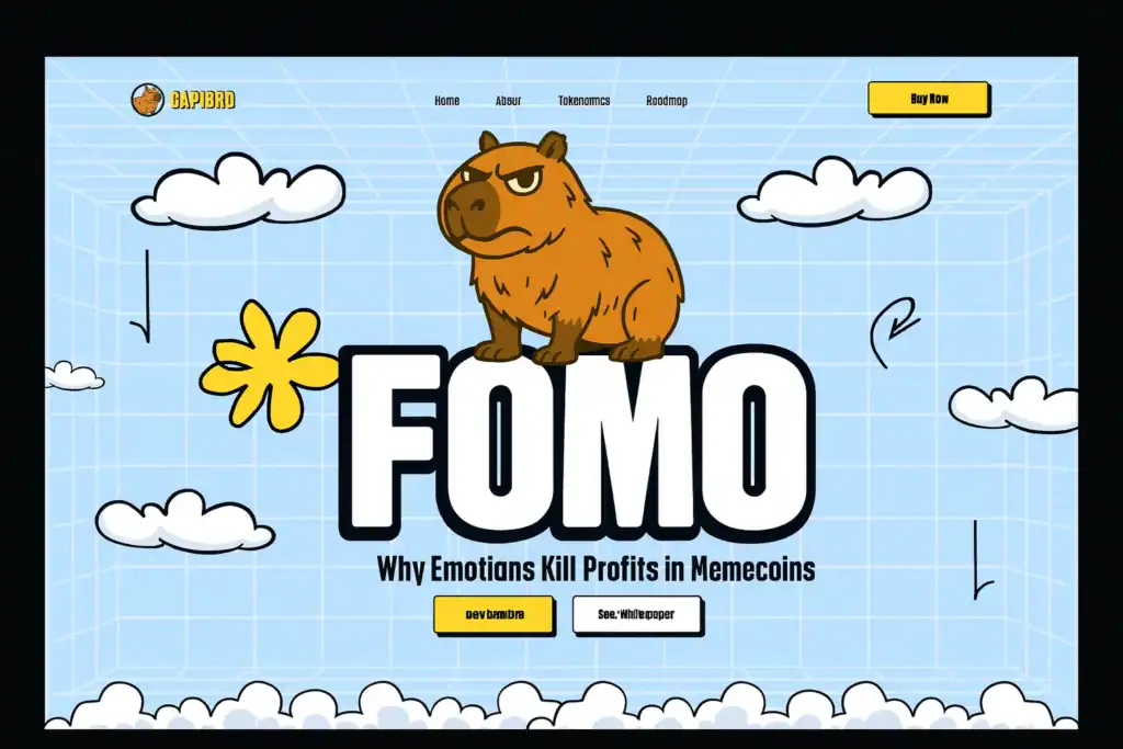 Capybara character with an angry expression, large "FOMO" text, and decorative elements like clouds and flowers, illustrating emotional impacts on trading in memecoins, relevant to Cryptonim AI's focus on overcoming trading biases.