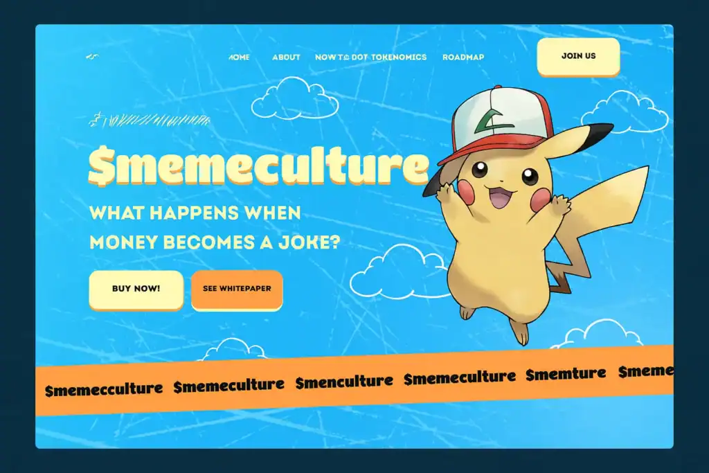 Pikachu character wearing a cap, surrounded by text promoting $memeculture and exploring the concept of memecoins as a humorous financial trend, set against a blue background with clouds.