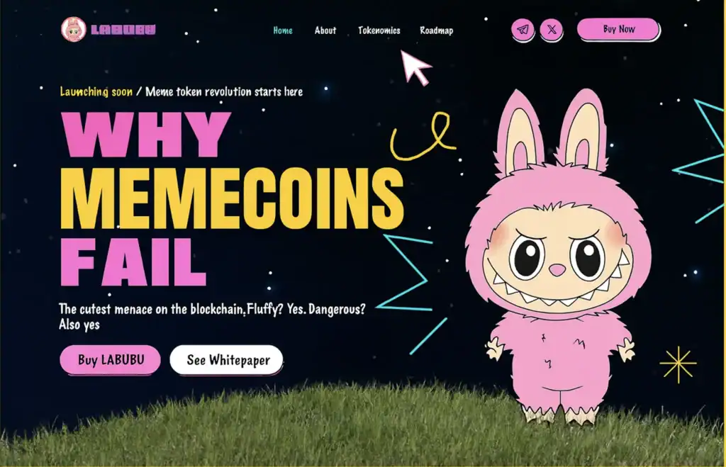 Cute cartoon character in a pink bunny costume with sharp teeth, text "WHY MEMECOINS FAIL" prominently displayed, emphasizing the pitfalls of memecoin projects, relevant to Cryptonim AI's focus on educating users about successful memecoin launches.