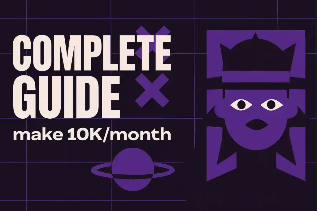 Complete guide graphic featuring bold text "COMPLETE GUIDE" and "make 10K/month", accompanied by a stylized character design and planetary motif, emphasizing strategies for automating memecoin launches on Solana with AI.